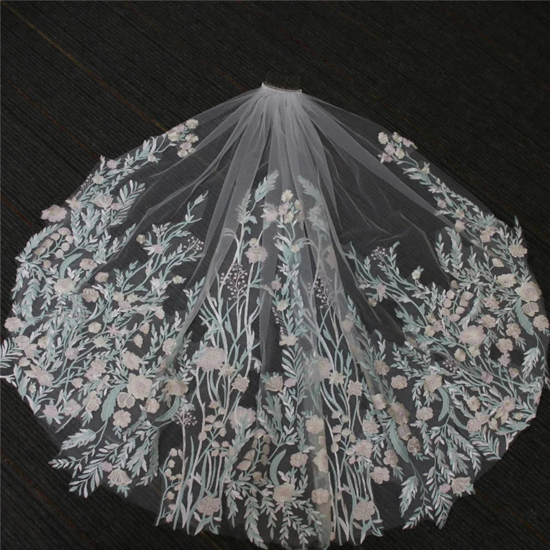 Short Wedding Veil with Green & Pink Flowers - Embroidered Floral Bridal Veil with Comb