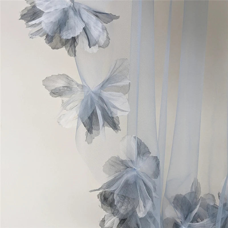 Dusty Blue Wedding Veil Two Layers - Something Blue Floral Bridal Veil with Blusher & Comb