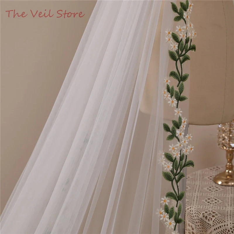 Floral Wedding Veil with Comb - White Tulle Bridal Veil with Yellow Flowers & Green Leaves Lace Appliques