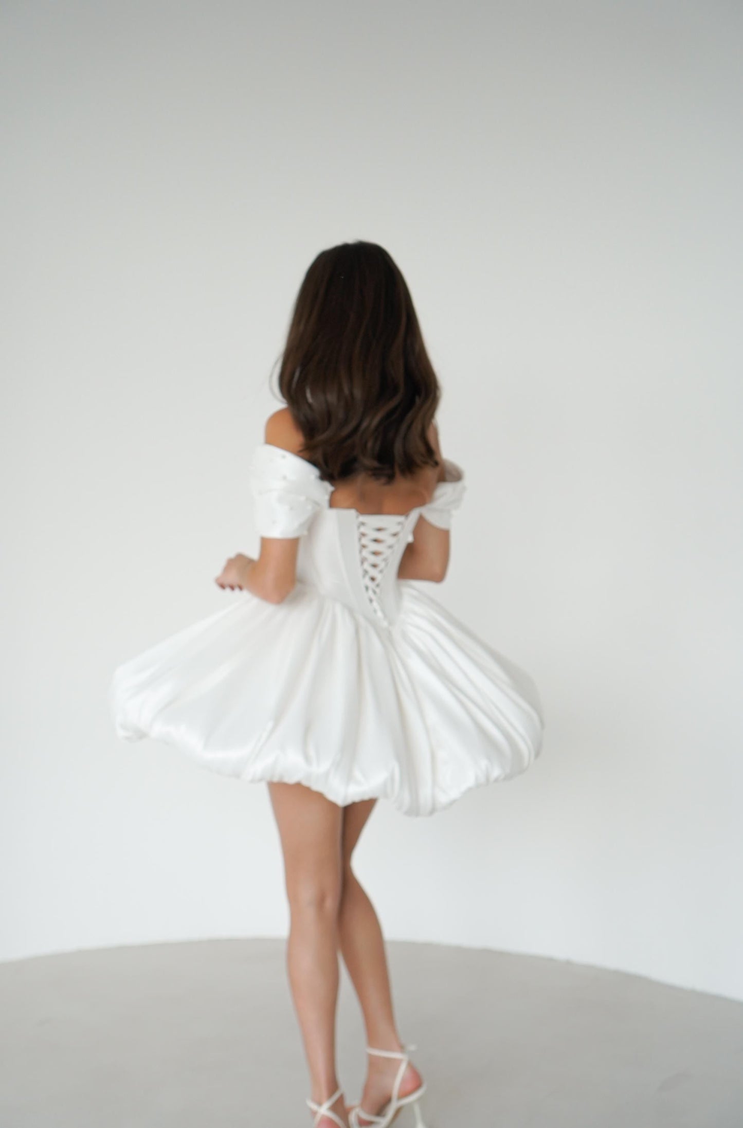 Mikado Mini Wedding Dress: Corset, Bubble Skirt, Pearl Details
