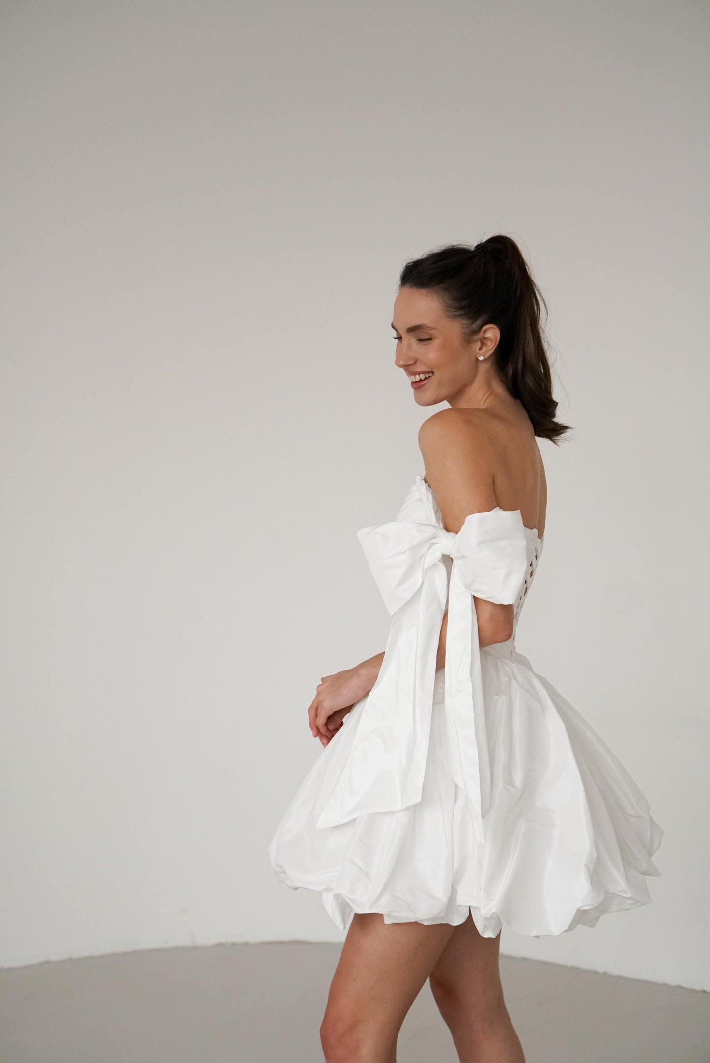 Mini Taffeta Wedding Dress: Basque Waist, Bubble Skirt, Bow Sleeves