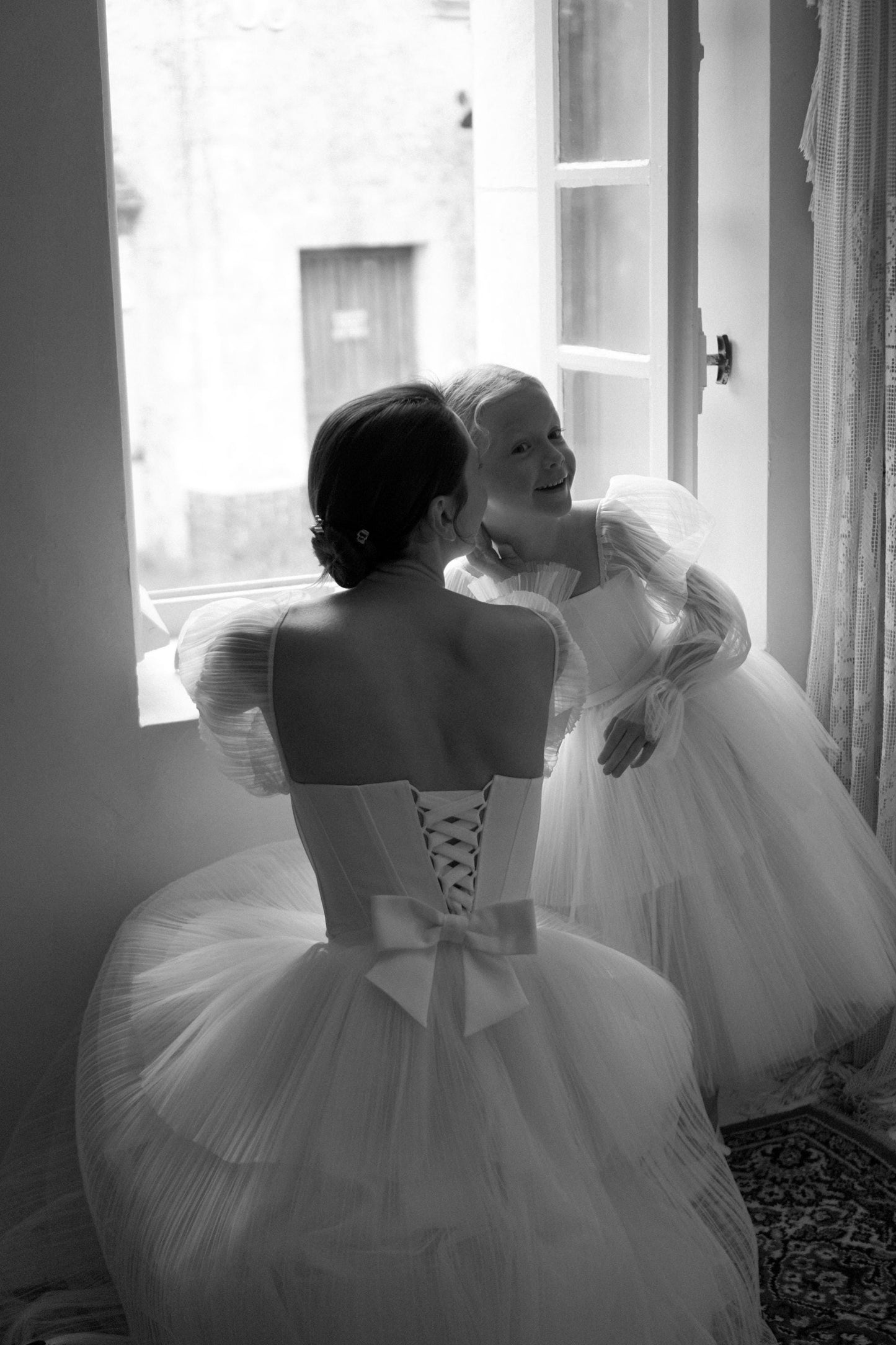 Satin Corset Wedding Midi Dress: Tulle Sleeves, Lace-Up Back