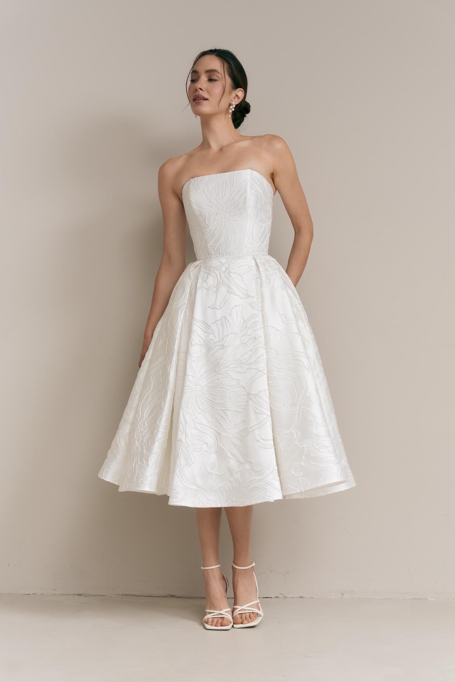Floral Jacquard Midi Wedding Dress: Silk Blend, Tea Length