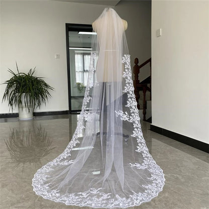 Cathedral Wedding Veil 3 Metres - Ivory White Tulle Bridal Veil with Lace Edge & Appliques