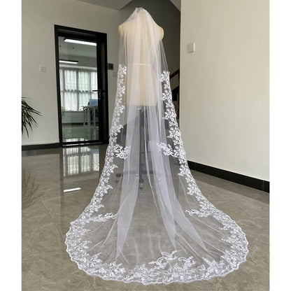 Cathedral Wedding Veil 3 Metres - Ivory White Tulle Bridal Veil with Lace Edge & Appliques