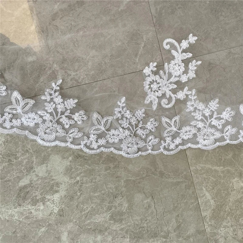 Cathedral Wedding Veil 3 Metres - Ivory White Tulle Bridal Veil with Lace Edge & Appliques