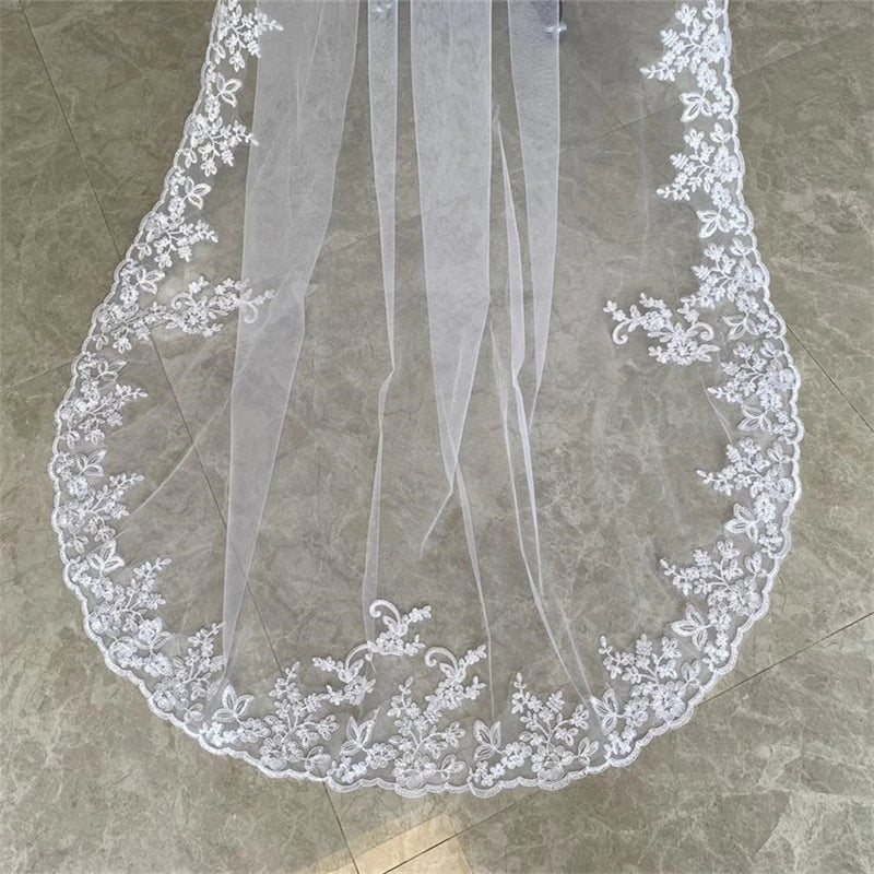 Cathedral Wedding Veil 3 Metres - Ivory White Tulle Bridal Veil with Lace Edge & Appliques