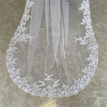 Cathedral Wedding Veil 3 Metres - Ivory White Tulle Bridal Veil with Lace Edge & Appliques