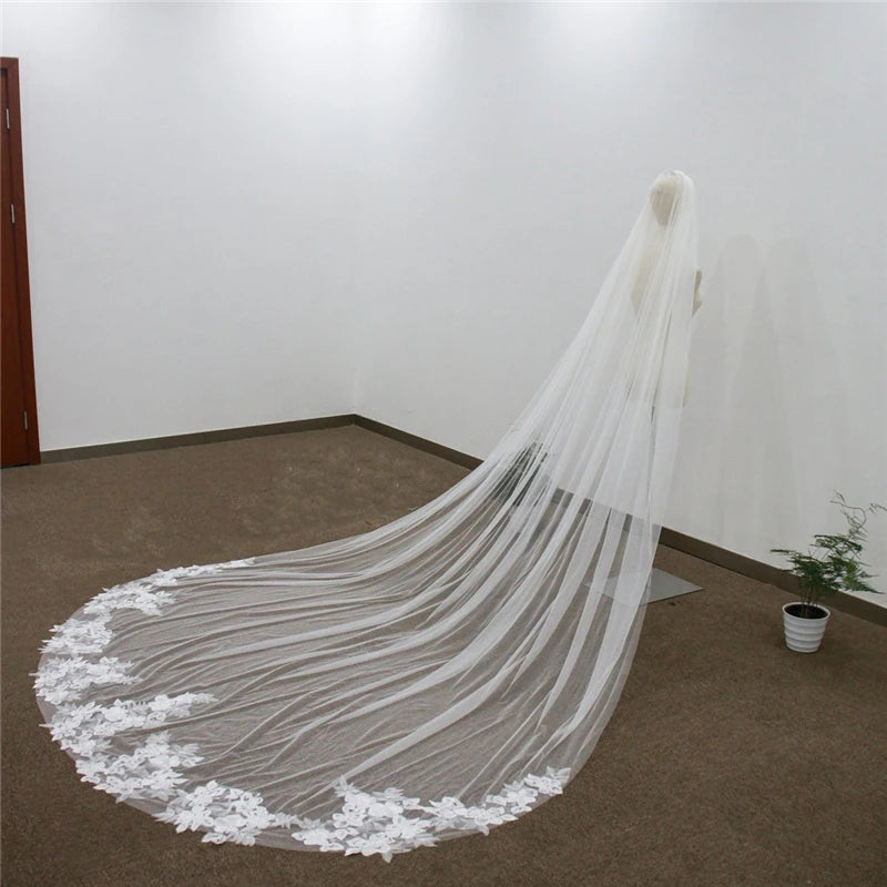 Cathedral Wedding Veil 3 Metres - Embroidered Lace Bridal Veil with Comb White Ivory