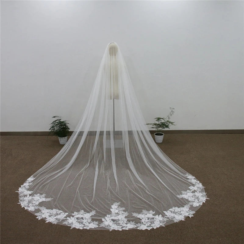 Cathedral Wedding Veil 3 Metres - Embroidered Lace Bridal Veil with Comb White Ivory