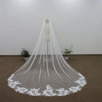 Cathedral Wedding Veil 3 Metres - Embroidered Lace Bridal Veil with Comb White Ivory