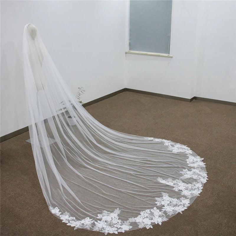 Cathedral Wedding Veil 3 Metres - Embroidered Lace Bridal Veil with Comb White Ivory