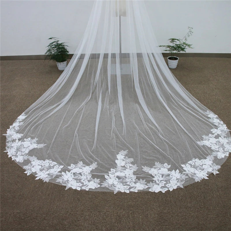 Cathedral Wedding Veil 3 Metres - Embroidered Lace Bridal Veil with Comb White Ivory
