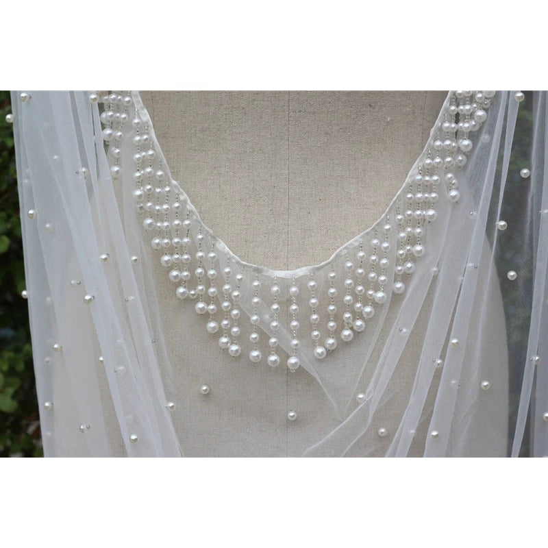 Cathedral Shoulder Veil with Pearls & Tassels - Beaded Bridal Cloak Veil 2m 3m 4m