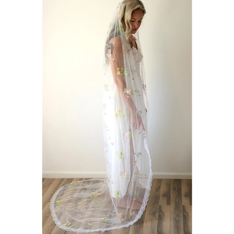 Cathedral Wedding Veil with Colorful Flowers - Long Bridal Veil with Embroidered Lace Trim & Comb
