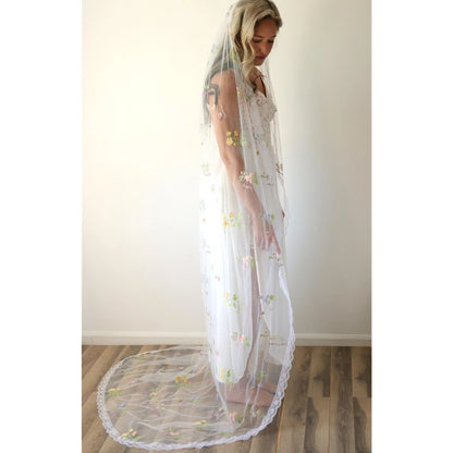 Cathedral Wedding Veil with Colorful Flowers - Long Bridal Veil with Embroidered Lace Trim & Comb