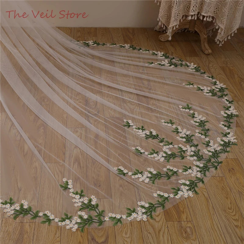 Floral Wedding Veil with Comb - White Tulle Bridal Veil with Yellow Flowers & Green Leaves Lace Appliques