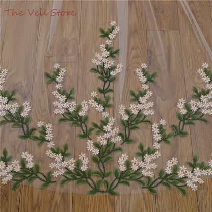 Floral Wedding Veil with Comb - White Tulle Bridal Veil with Yellow Flowers & Green Leaves Lace Appliques