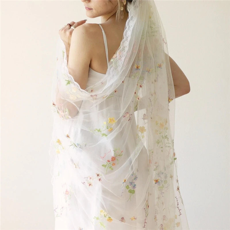 Cathedral Wedding Veil with Colorful Flowers - Long Bridal Veil with Embroidered Lace Trim & Comb