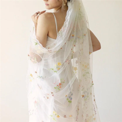 Cathedral Wedding Veil with Colorful Flowers - Long Bridal Veil with Embroidered Lace Trim & Comb