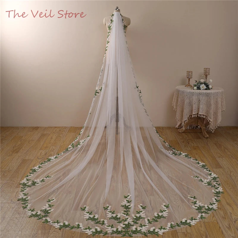 Floral Wedding Veil with Comb - White Tulle Bridal Veil with Yellow Flowers & Green Leaves Lace Appliques