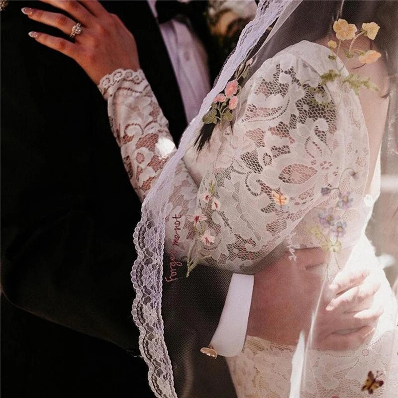 Cathedral Wedding Veil with Colorful Flowers - Long Bridal Veil with Embroidered Lace Trim & Comb