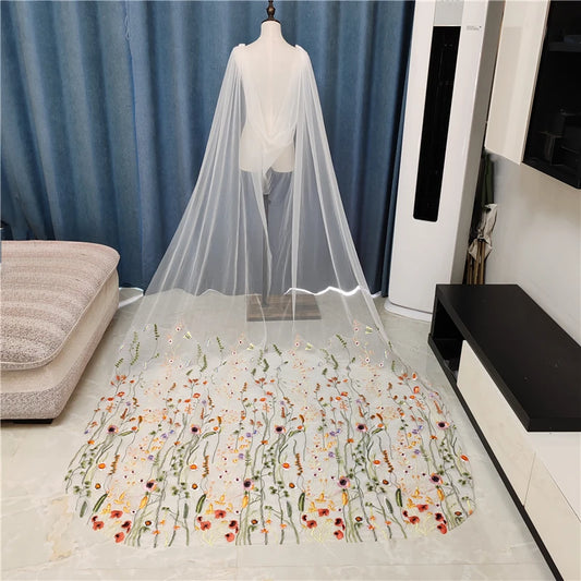 Cathedral Shoulder Cape Veil - Wildflower Secret Garden Bridal Veil White Ivory
