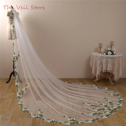 Floral Wedding Veil with Comb - White Tulle Bridal Veil with Yellow Flowers & Green Leaves Lace Appliques