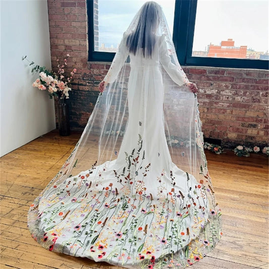 Cathedral Wedding Veil Full Lace Edge - Colorful Secret Garden Floral Bridal Veil White Ivory