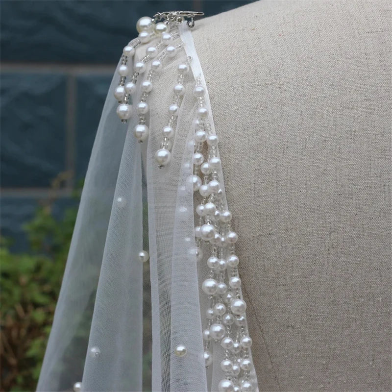 Cathedral Shoulder Veil with Pearls & Tassels - Beaded Bridal Cloak Veil 2m 3m 4m