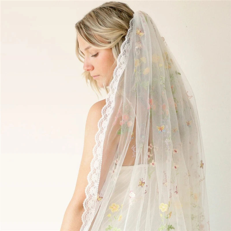 Cathedral Wedding Veil with Colorful Flowers - Long Bridal Veil with Embroidered Lace Trim & Comb