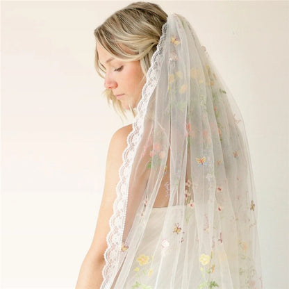 Cathedral Wedding Veil with Colorful Flowers - Long Bridal Veil with Embroidered Lace Trim & Comb