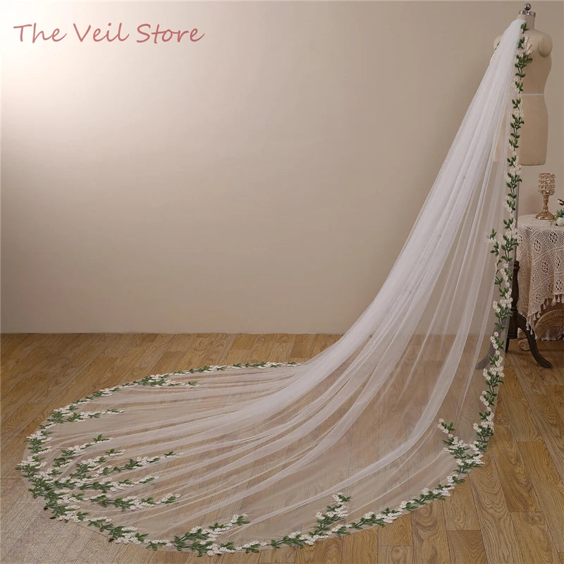 Floral Wedding Veil with Comb - White Tulle Bridal Veil with Yellow Flowers & Green Leaves Lace Appliques