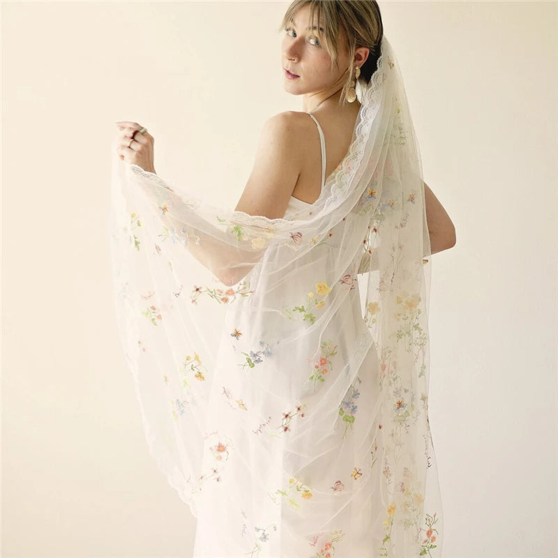 Cathedral Wedding Veil with Colorful Flowers - Long Bridal Veil with Embroidered Lace Trim & Comb