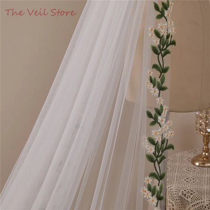 Floral Wedding Veil with Comb - White Tulle Bridal Veil with Yellow Flowers & Green Leaves Lace Appliques