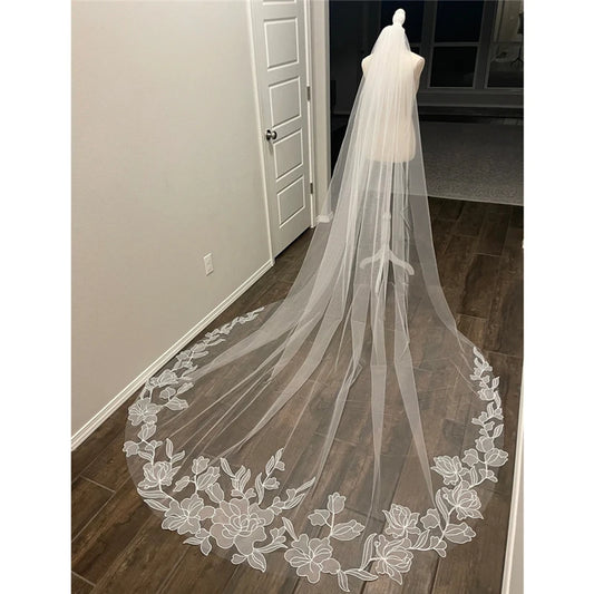 Cathedral Wedding Veil with Big Flowers - Long Ivory Organza Bridal Veil Customized
