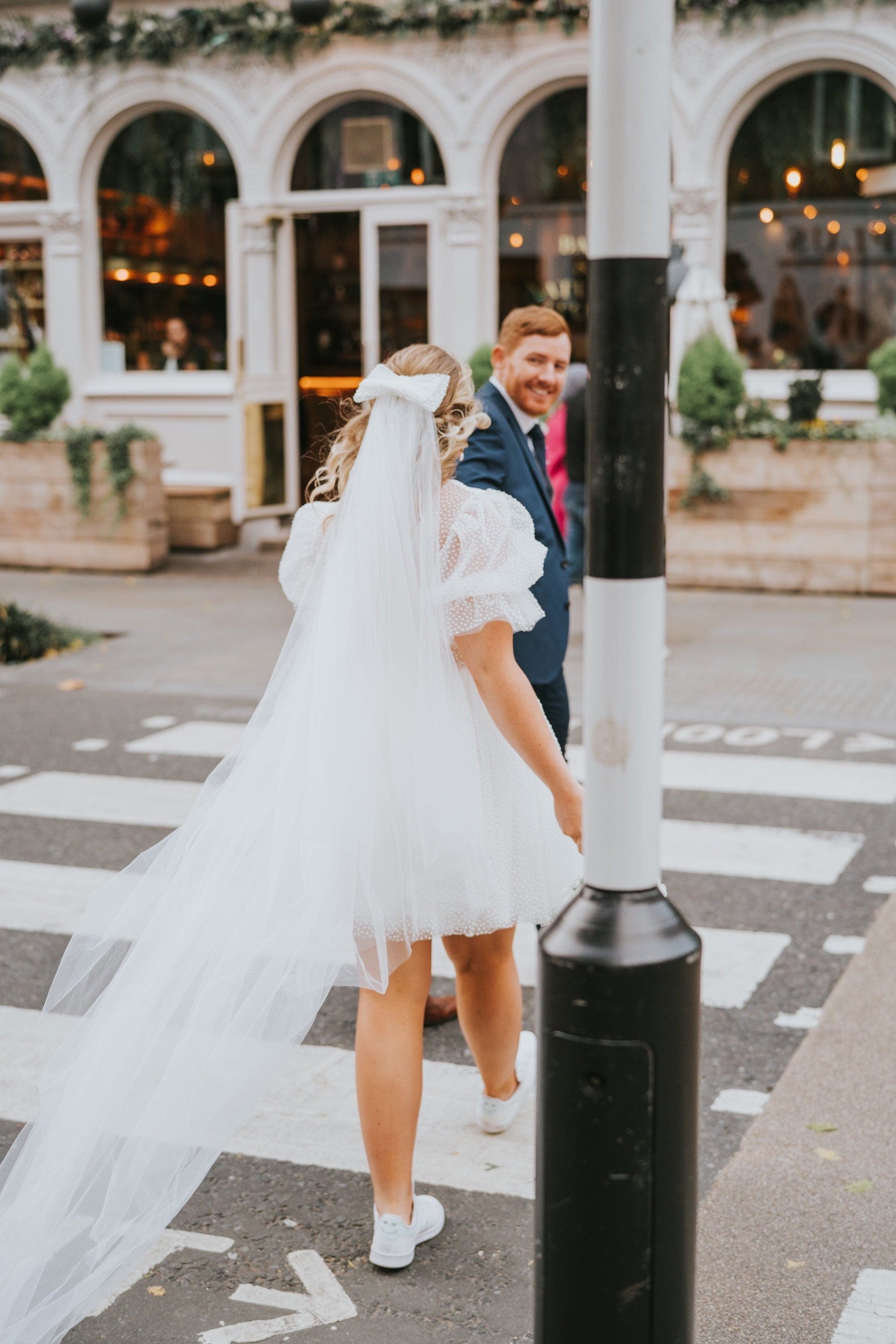 Dots Tulle Mini Wedding Dress: V-Neck Rehearsal Dinner Dress