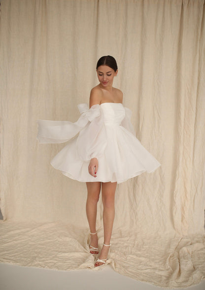 Short Wedding Dress: Organza Mini with Puffed Sleeves