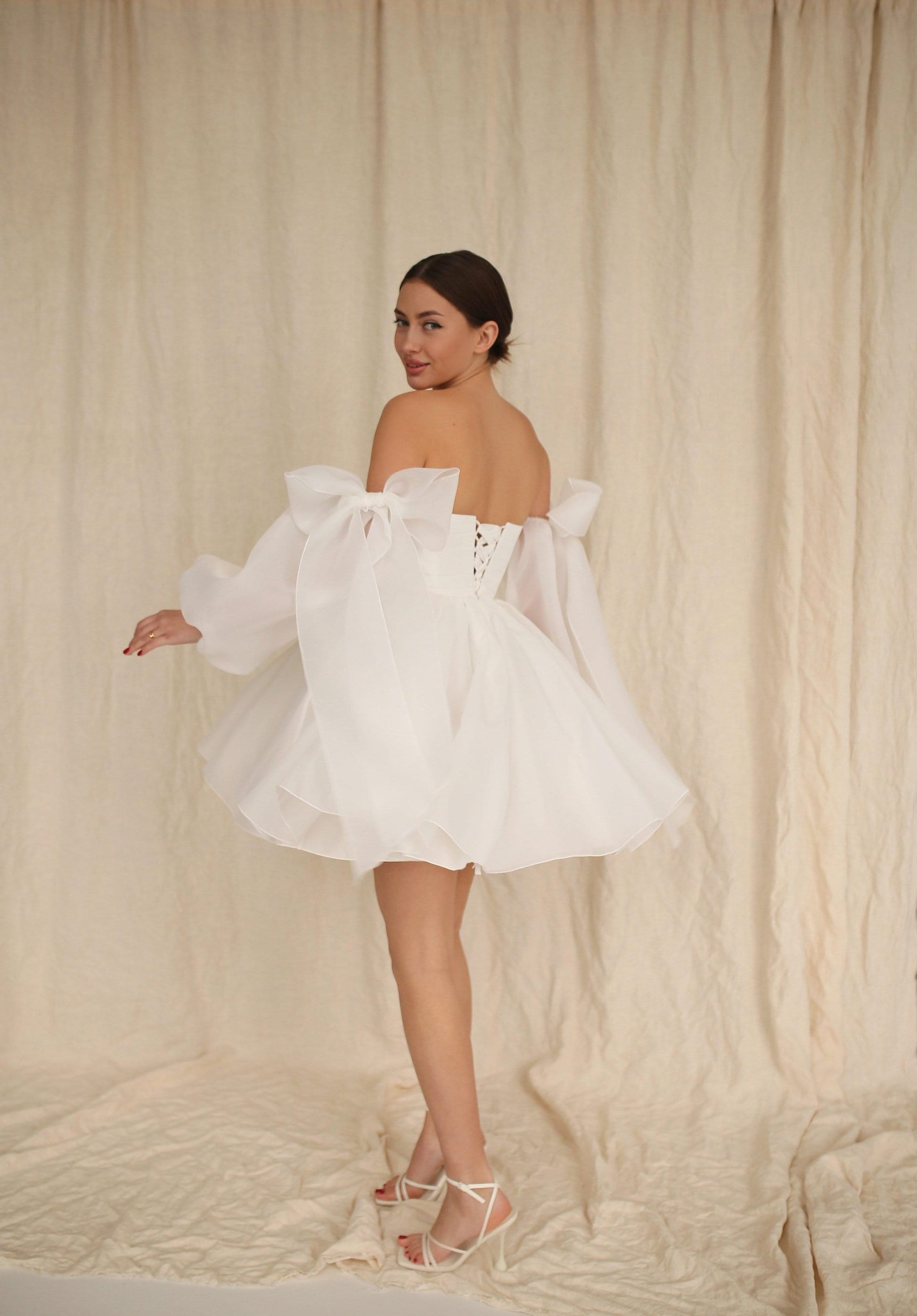 Short Wedding Dress: Organza Mini with Puffed Sleeves