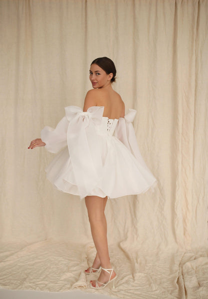 Short Wedding Dress: Organza Mini with Puffed Sleeves