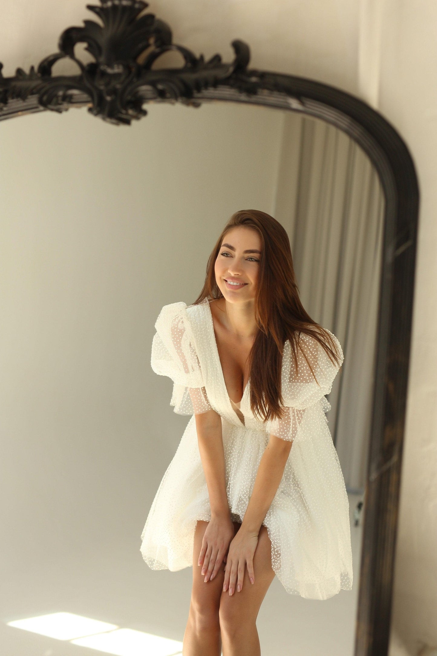 Dots Tulle Mini Wedding Dress: V-Neck Rehearsal Dinner Dress