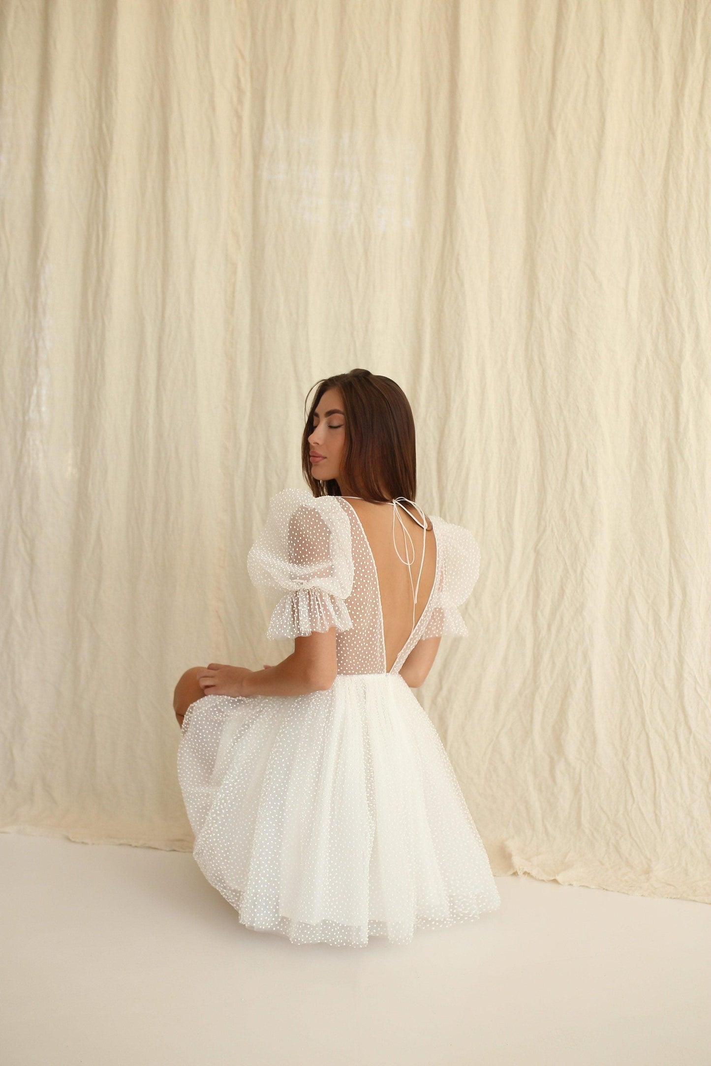 Dots Tulle Mini Wedding Dress: V-Neck Rehearsal Dinner Dress