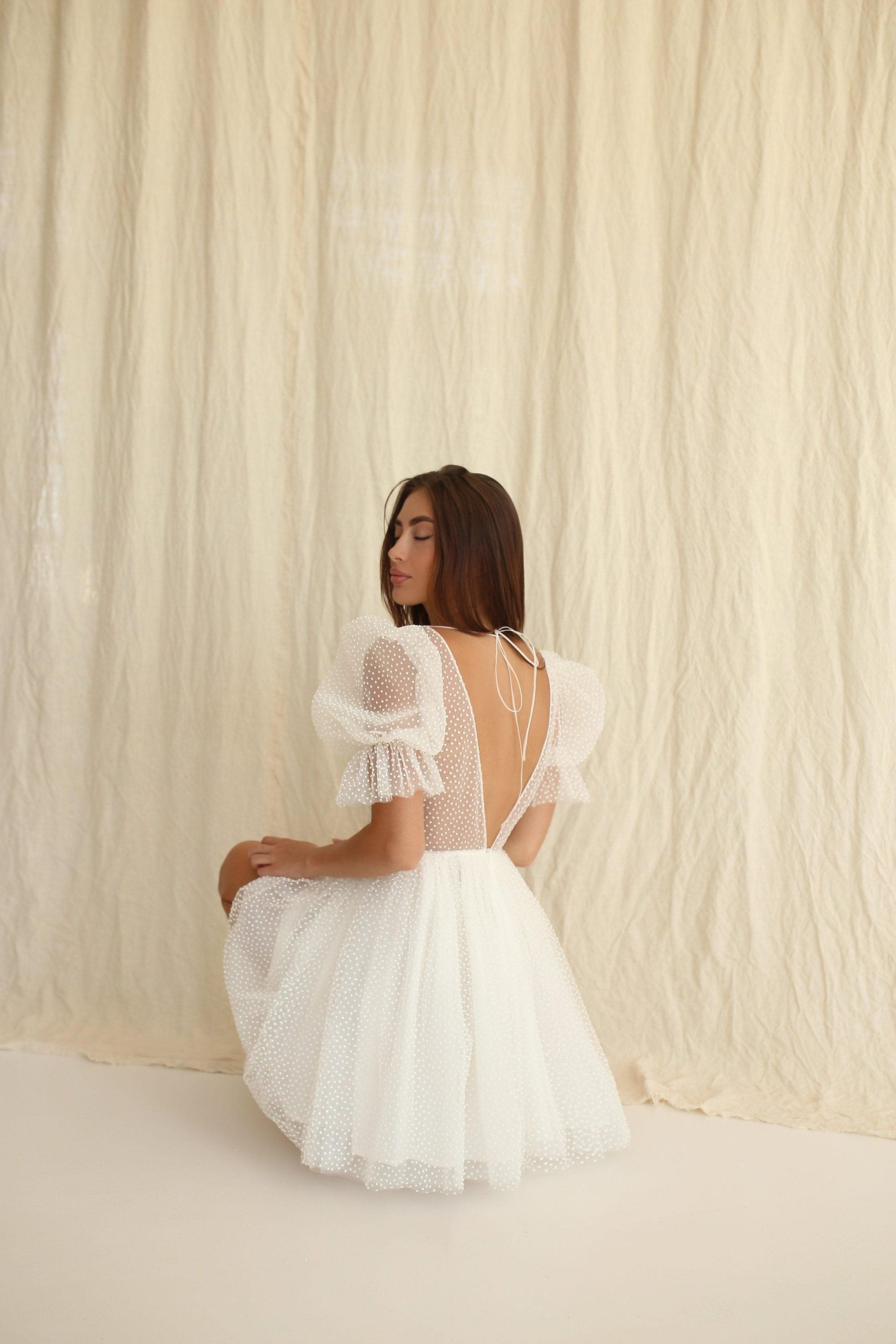 Dots Tulle Mini Wedding Dress: V-Neck Rehearsal Dinner Dress