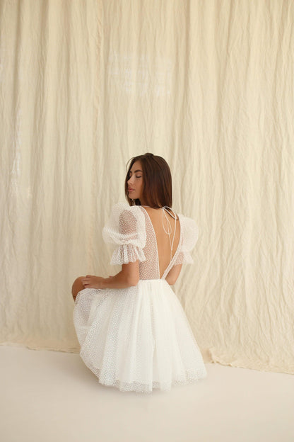 Dots Tulle Mini Wedding Dress: V-Neck Rehearsal Dinner Dress