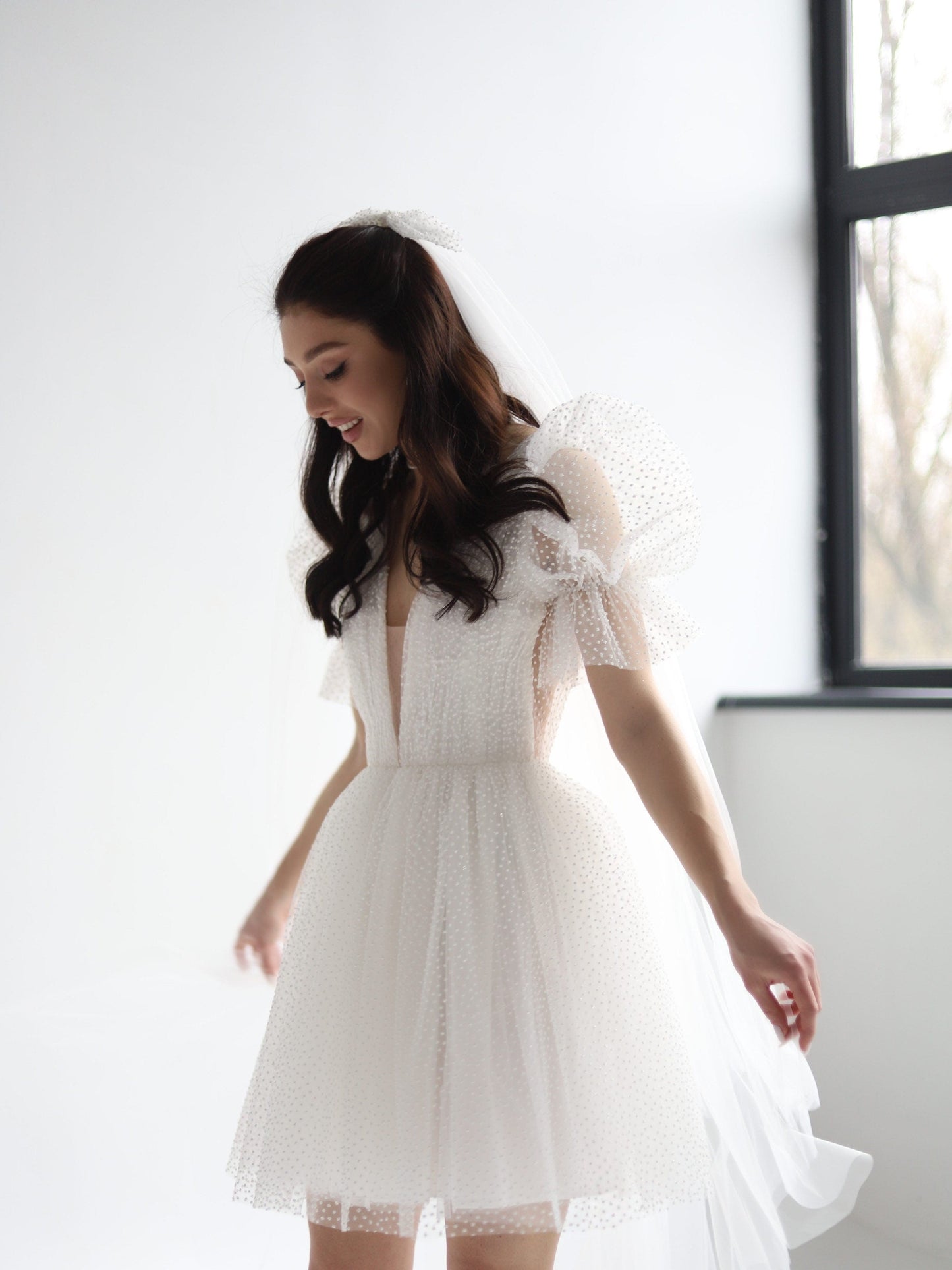 Dots Tulle Mini Wedding Dress: V-Neck Rehearsal Dinner Dress