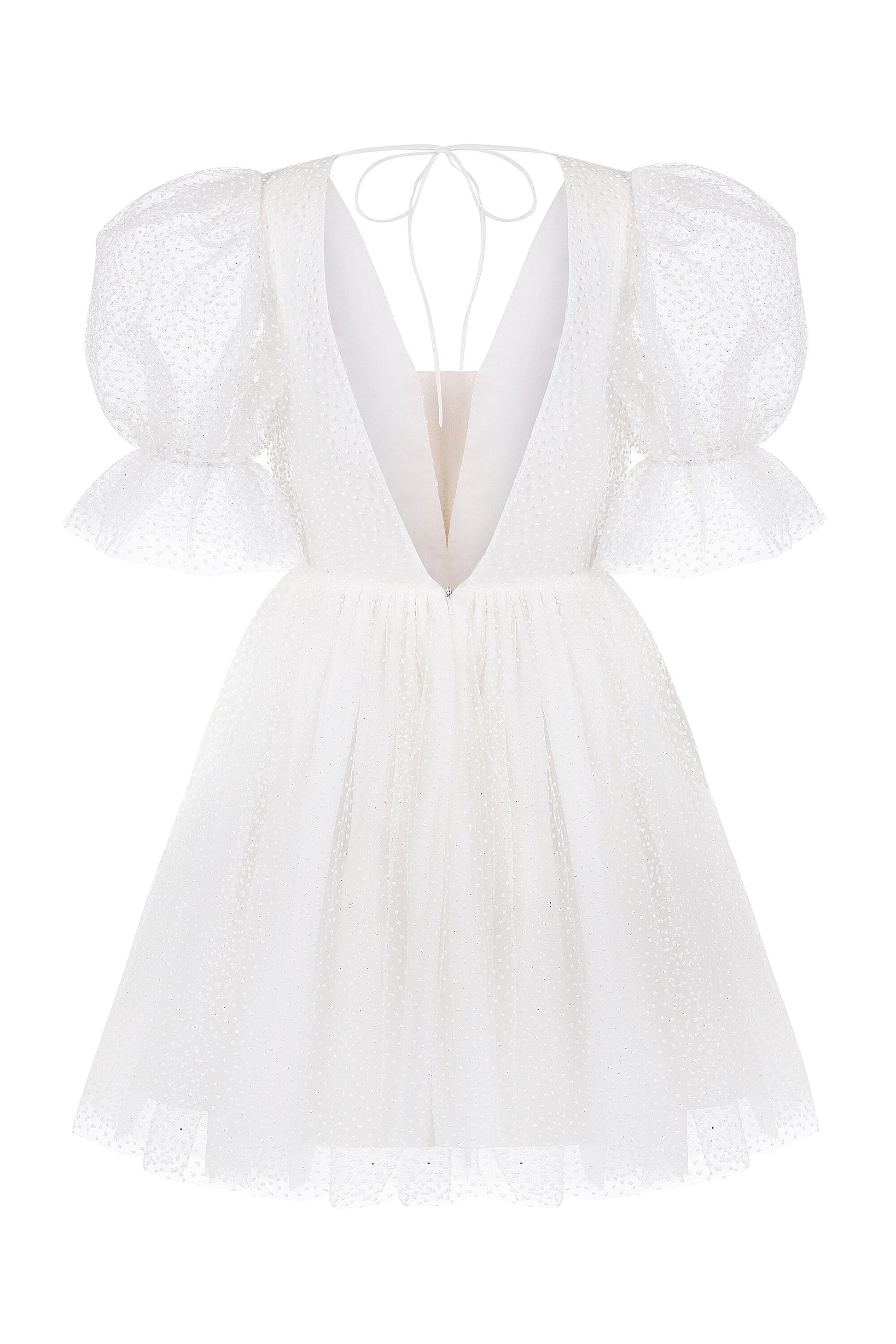 Dots Tulle Mini Wedding Dress: V-Neck Rehearsal Dinner Dress