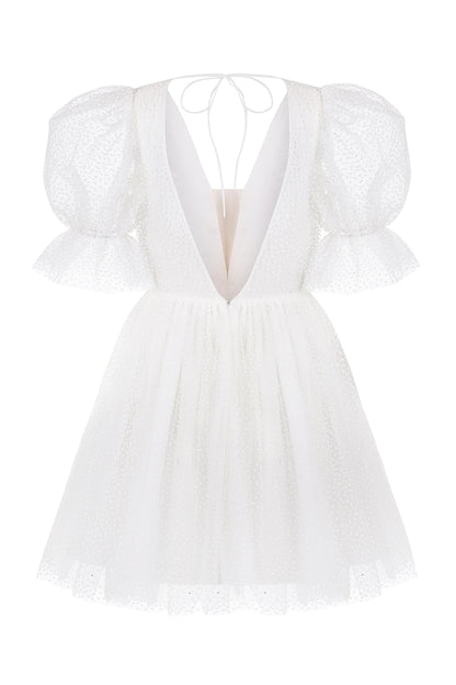 Dots Tulle Mini Wedding Dress: V-Neck Rehearsal Dinner Dress