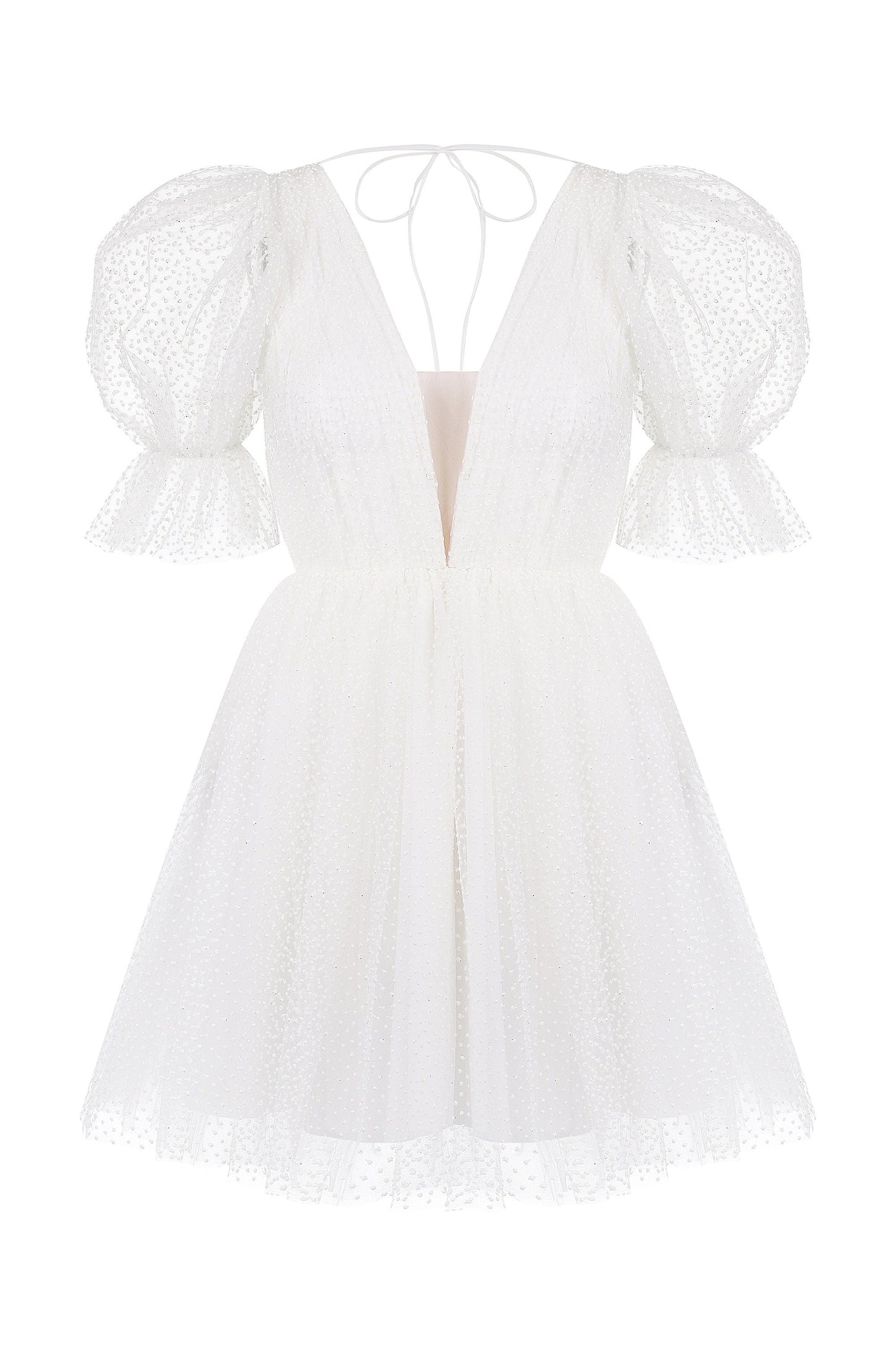 Dots Tulle Mini Wedding Dress: V-Neck Rehearsal Dinner Dress