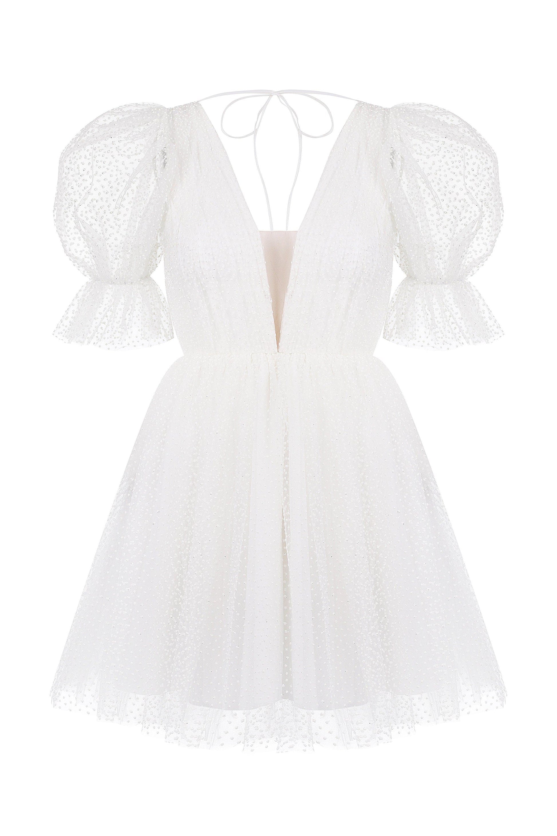 Dots Tulle Mini Wedding Dress: V-Neck Rehearsal Dinner Dress