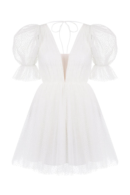 Dots Tulle Mini Wedding Dress: V-Neck Rehearsal Dinner Dress